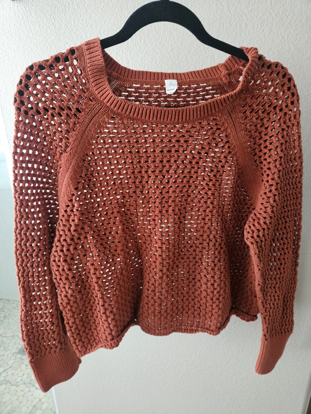 Old Navy Seaside Cotton Open-Knit Raglan Sweater in a russet orange
